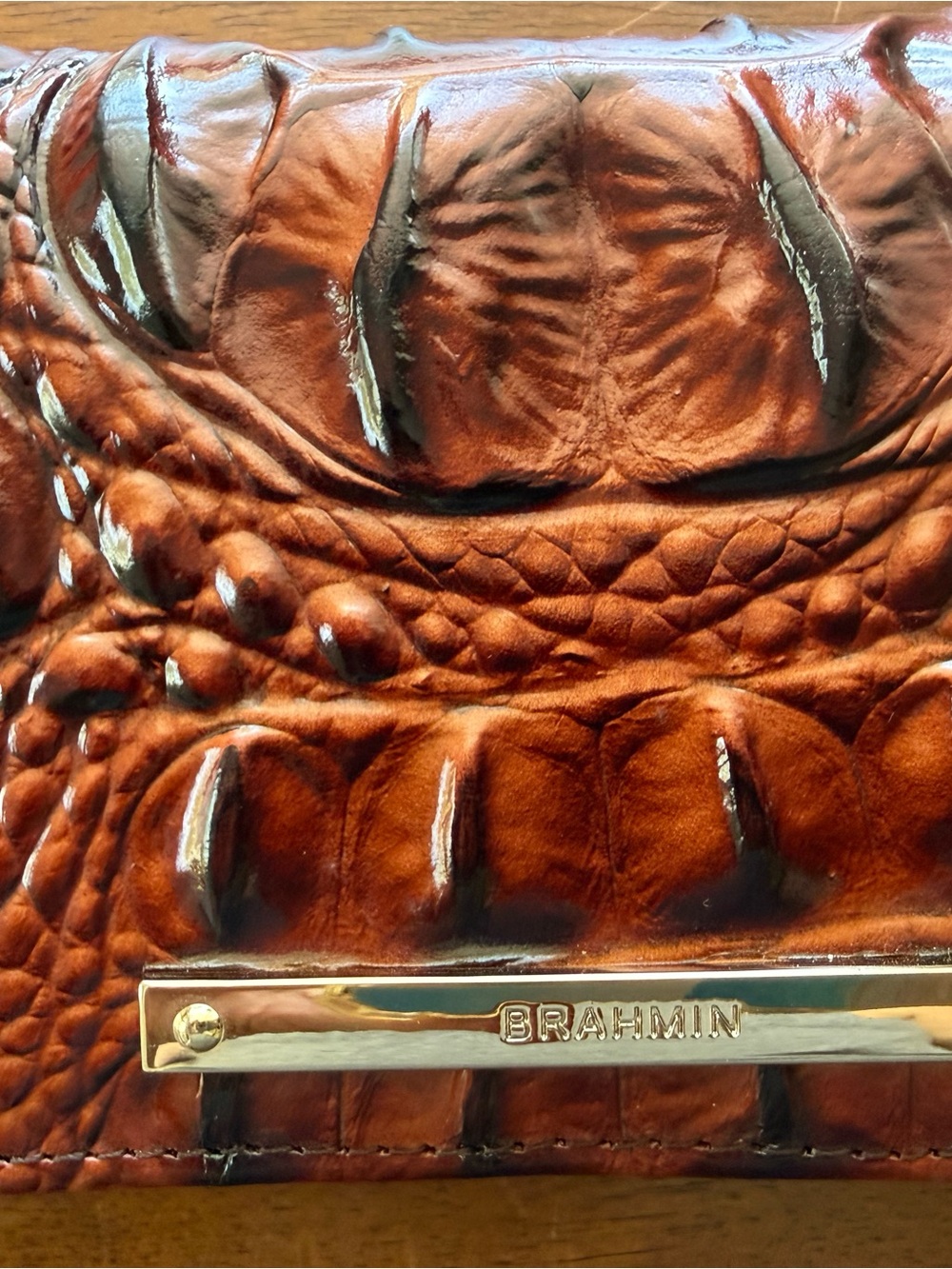 Brahmin Croc-Embossed Leather Wristlet in Rich Brown with Gold Hardware - Picture 3 of 7
